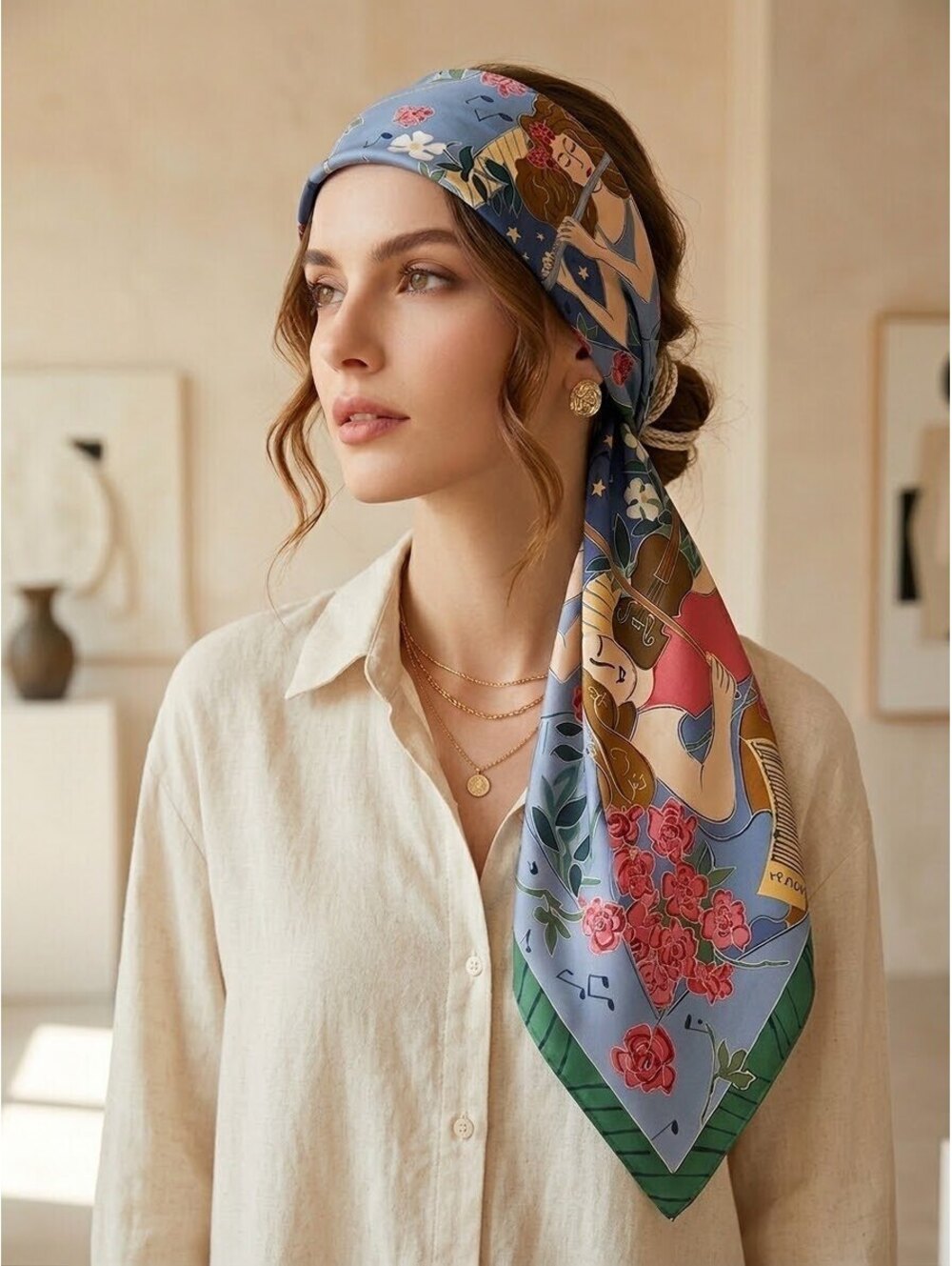 Vintage Cynthia MacCollum 100% Silk Scarf Musical Art Floral Print 54”x16”